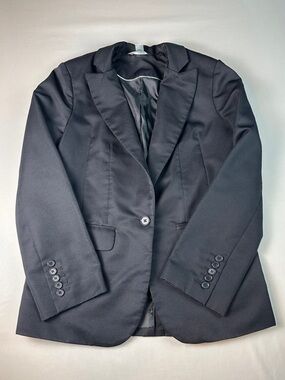 Women's Black Single-Button Tailored Blazer Suit Jacket Pockets Small